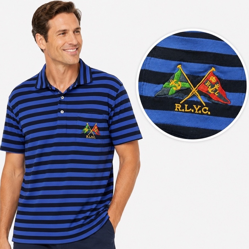 Polo Ralph Lauren Mens Blue Striped R.L.Y.C. Flag Crest Pocket Polo Shirt Large